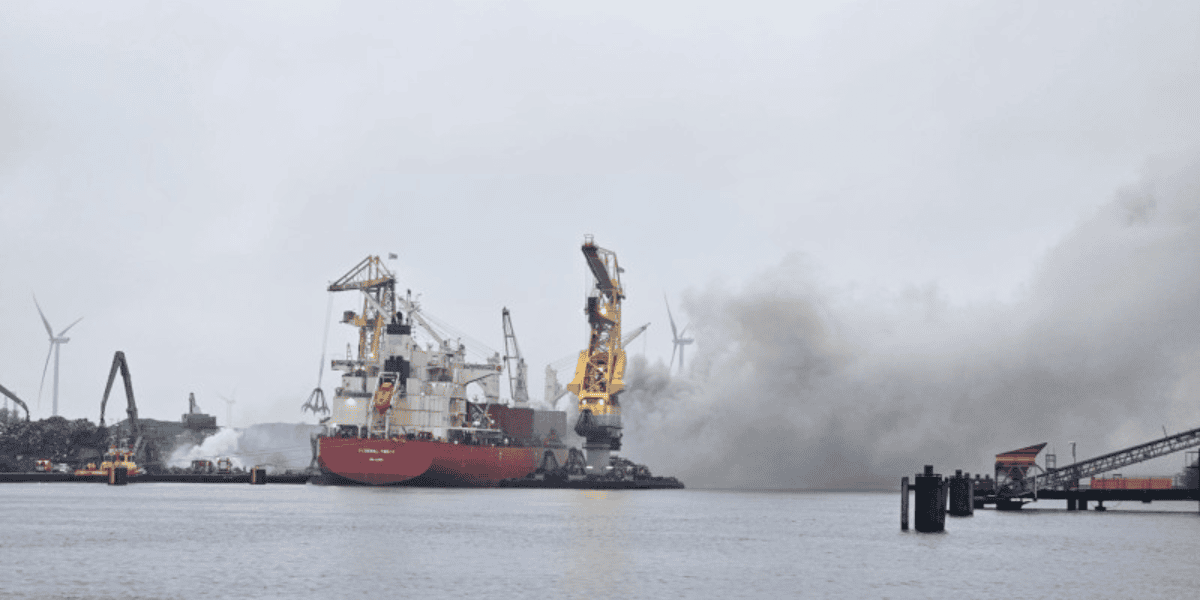 Fire panic aboard scrap-loaded ship