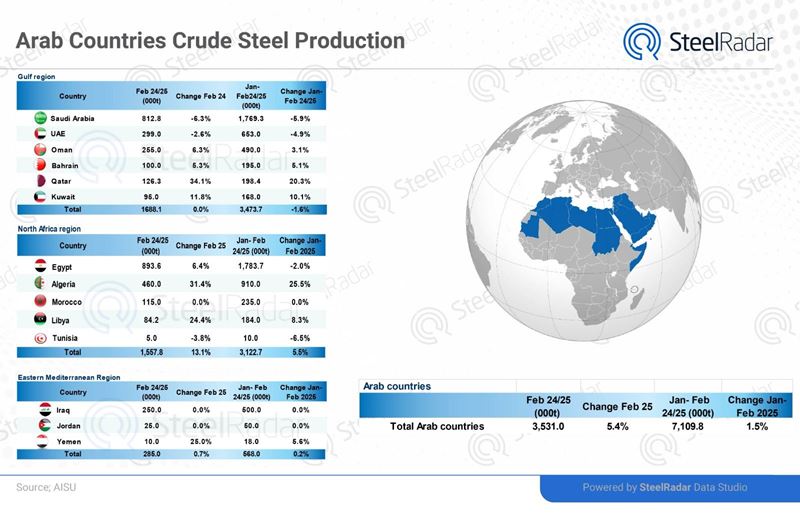 Crude steel production in Arab countries rises in February